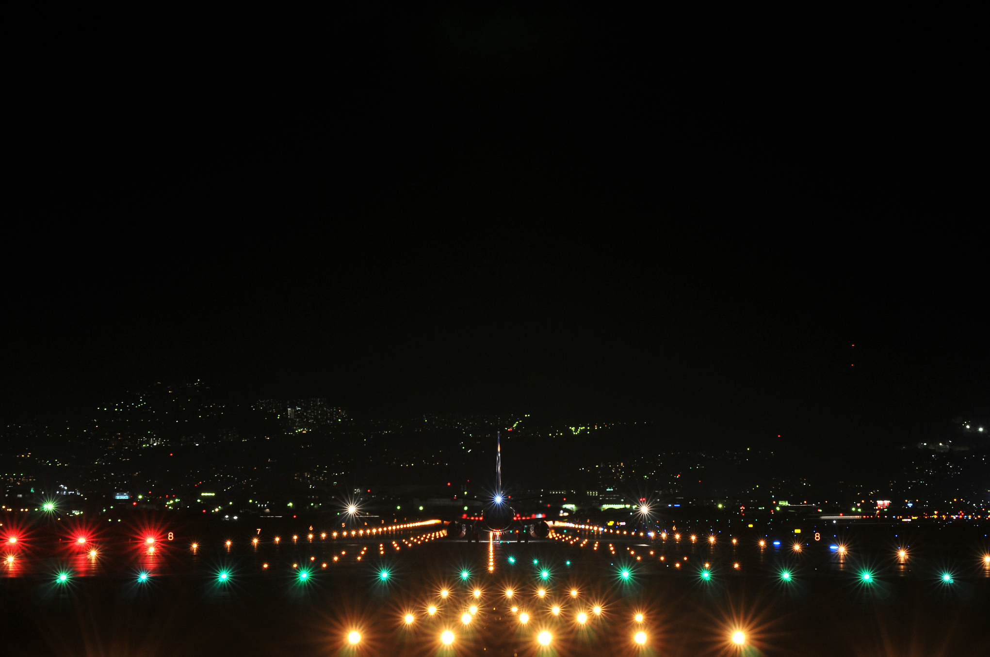 Beautiful night view of the airport runway
